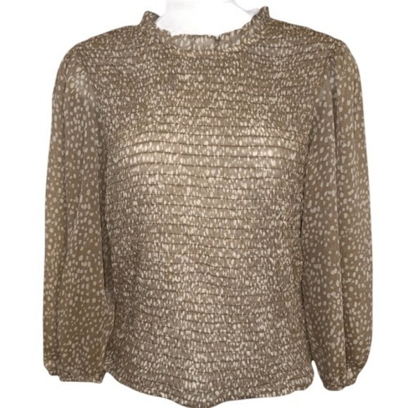 EXPRESS‎ Latte & White Speckled Smoked Long Sleeve Ruffle Neck Blouse NWT $64 M - Picture 1 of 8